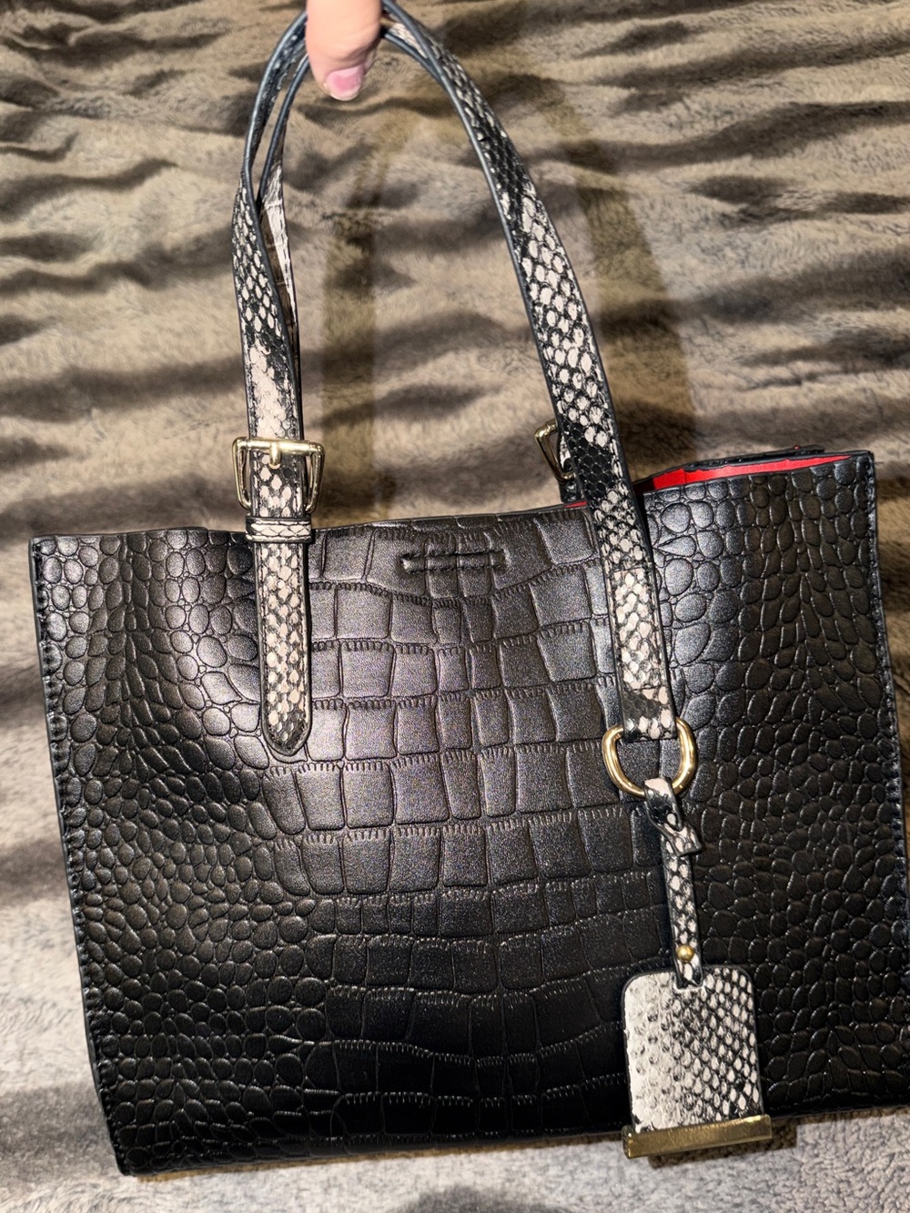 Black Croc-Embossed Tote with Snake-Print Accents